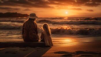 famiglia Abbracciare una persona su spiaggia a tramonto generato di ai foto