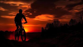 silhouette di motociclista Ciclismo a tramonto avventura generato di ai foto