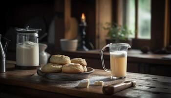 appena al forno biscotti su rustico di legno tavolo generato di ai foto