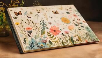 astratto floreale design su vecchio libro copertina generato di ai foto