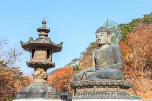 La tradizionale statua del Buddha e alberi colorati al tempio Shinheungsa nel Parco Nazionale di Seoraksan in autunno Corea del Sud