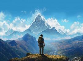 un' uomo in piedi su roccia su un' montagna prospiciente il nuvole. illustrazione ai generativo foto