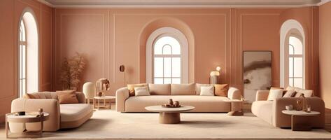 3d design di vivente camera nel beige colori. illustrazione ai generativo foto