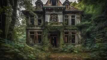 Visualizza di abbandonato e decomposizione Casa nel natura ai generato foto