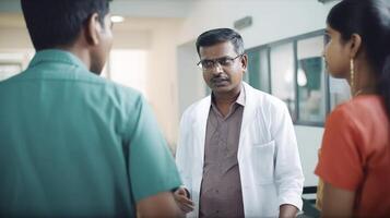 ritratto di medio anziano maschio medico parlando per il suo pazienti nel Ospedale. generativo ai. foto
