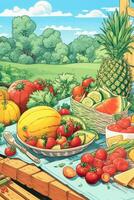 fresco verdure e frutta su di legno tavolo a azienda agricola. generativo ai digitale illustrazione. foto