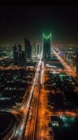 abbagliante notte città tiro di riyadh mostrando orizzonte punti di riferimento, ufficio e Residenziale edifici nel Sud arabia. generativo ai tecnologia. foto