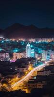 abbagliante notte paesaggio urbano di moscato, Oman orizzonte e Residenziale edifici. generativo ai tecnologia. foto