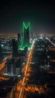 abbagliante notte città tiro di riyadh mostrando orizzonte punti di riferimento, ufficio e Residenziale edifici nel Sud arabia. generativo ai tecnologia. foto