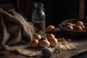 crudo uova Prodotto fotografia preparativi con naturale luce. ai generato foto