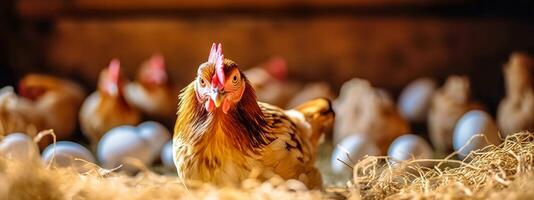 gallina su il azienda agricola, seduta su uova su cannuccia nel il paddock, striscione, fatto con generativo ai foto