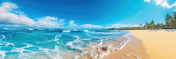 tropicale mare e sabbioso spiaggia con blu sfondo. generativo ai foto