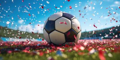 palla calcio stadio su vittoria celebrazione tempo con coriandoli sfondo. generativo ai foto