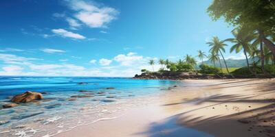 tropicale mare e sabbioso spiaggia con blu sfondo. generativo ai foto