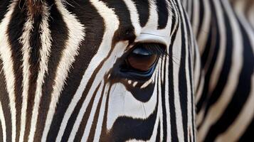 avvicinamento tiro di un' zebra occhio. ai generato foto