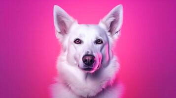 rappresentazione di di razza cane, bianca pastore obbligato al di sopra di studio istituzione nel neon inclinazione rosa leggero canale. creativo risorsa, ai generato foto