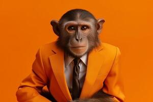 scimmia nel un' completo da uomo e cravatta su un isolato sfondo. studio foto. attività commerciale concetto generativo ai foto