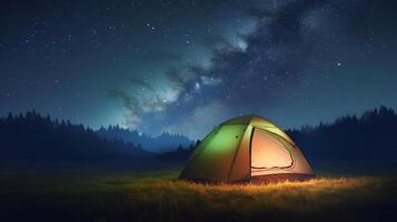 campeggio tenda nel il foresta a notte con stellato cielo e latteo modo generativo ai foto