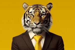 ritratto di un' tigre nel un' attività commerciale completo da uomo su un' isolato sfondo generativo ai foto