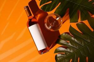 superiore orizzonte di tropicale foglia tracciare , bianca bottiglia e vino bicchiere su arancia sfondo. video animazione foto