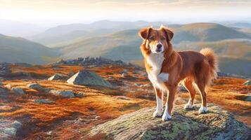 il canino sta nel pietra su il montagne e sembra. nova scozia anatra cane da riporto nel natura, su un' viaggio. creativo risorsa, ai generato foto