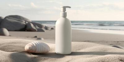 un' essenziale bianca pompa bottiglia modello con perla conchiglia su spiaggia sabbia sfondo per naturale o erbaceo composizione Prodotto pubblicità concetto. generativo ai. foto
