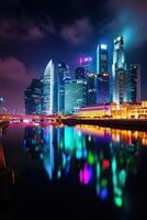 sorprendente panoramico notte Visualizza di Singapore con centro edifici riflettendo nel il acqua. generativo ai tecnologia. foto