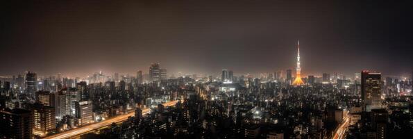 illuminato tokyo città con orizzonte, Residenziale edifici nel Giappone a notte Visualizza. generativo ai tecnologia. foto
