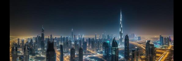 dubai, Emirati Arabi Uniti paesaggio urbano a notte con luci prospiciente il burj Khalifa. sorprendente turista destinazione, generativo ai tecnologia. foto