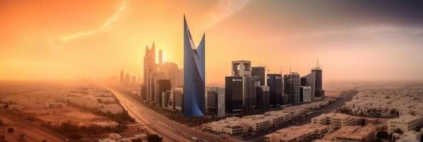 panoramico città tiro di riyadh mostrando orizzonte punti di riferimento, ufficio e Residenziale edifici durante tramonto o Alba nel Sud arabia. generativo ai tecnologia. foto