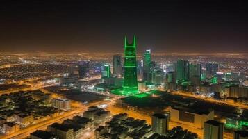 panoramico notte città tiro di riyadh mostrando orizzonte punti di riferimento, ufficio e Residenziale edifici nel Sud arabia. generativo ai tecnologia. foto