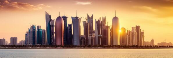 sorprendente panoramico Visualizza di Qatar orizzonte durante tramonto o Alba. generativo ai tecnologia. foto