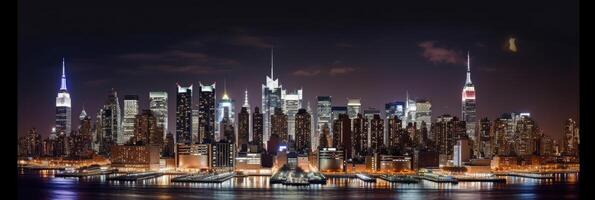 sorprendente panoramico Visualizza di Manhattan orizzonte edifici durante notte volta, nuovo York città. generativo ai tecnologia. foto