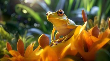 avvicinamento di un' giallo rana su un' heliconia pianta, Indonesia. creativo risorsa, ai generato foto