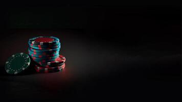 realistico colorato poker patatine fritte impilati su buio sfondo per casinò gioco. scommesse su un' meglio finanziario futuro, generativo ai tecnologia. foto