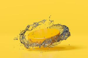 acqua spruzzo trasparente con palcoscenico podio vuoto, geometrico cosmetico promozione, bellezza Prodotto, vetrina piedistallo isolato su giallo sfondo. minimo moderno scena, 3d rendere illustrazione foto