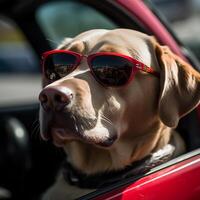ritratto di un' labrador con bicchieri su vacanza nel un' auto.ai generato foto