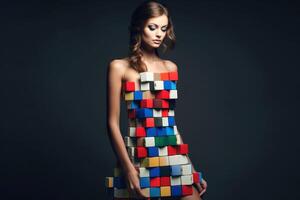 un' donne indossare un' vestito nel cubo stile surrealismo creato con generativo ai tecnologia. foto