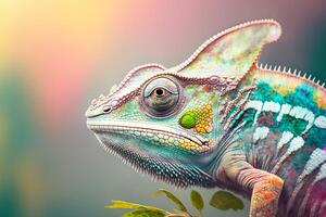 avvicinamento ritratto di un' camaleonte con luminosa esotico pelle nel colorato colori. generativo ai illustrazione foto