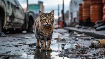 vagante arancia gatto su il danneggiato strada, abbandonato gatto, ai generativo foto