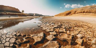 ai generato. ai generativo. secco lago e fiume su caldo no pioggia estate stagione. avventura selvaggio all'aperto natura vibrazione. grafico arte foto