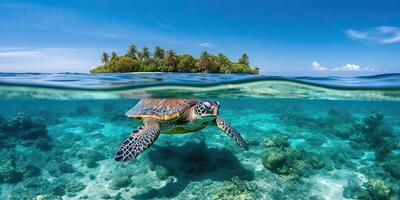ai generato. ai generativo. foto realistico illustrazione di immersione tartaruga sotto mare. grafico arte