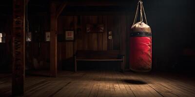 ai generato. ai generativo. vecchio Vintage ▾ Palestra camera con vecchio Vintage ▾ boxe pelle Borsa. messicano americano atleta vibrazione. grafico arte foto