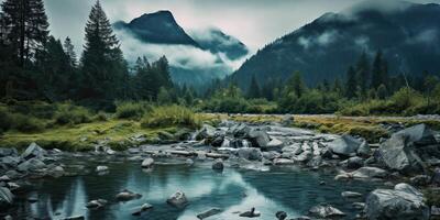 ai generato. ai generativo. foto illustrazione di selvaggio natura all'aperto montagna cascata paesaggio su pioggia verde giorno. grafico arte