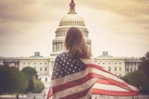 un' donna con un' Stati Uniti d'America bandiera sta su il Campidoglio sfondo. indipendenza giorno di Stati Uniti d'America. generativo ai foto