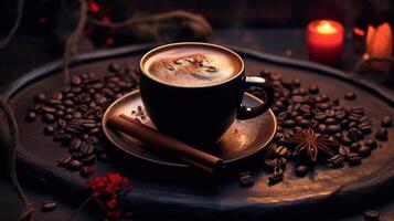 cottura a vapore caffè tazza con fragrante cannella e caffè fagioli. creato con generativo ai foto