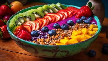 salutare frutta insalata con Yogurt, muesli, e frutti di bosco generato di ai foto