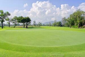 bellissimo golf corso Visualizza, golf corso con bellissimo mettendo verde, fresco verde erba su il golf corso foto