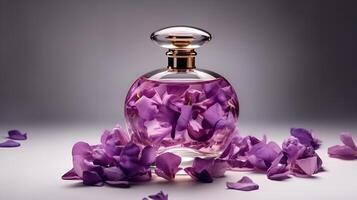 lusso profumo bicchiere bottiglia con viola fiore petali, minimalista bianca leggero sfondo ai generato foto