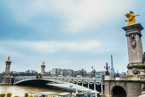 Visualizza di il pont alexandre iii, Senna fiume e il giro eiffel nel un' congelamento inverno giorno nel Parigi foto